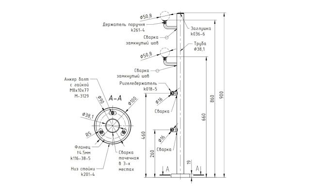 Стойка для пандуса: под 2 поручня Ø38,1-50,8 мм для инвалидов, 2 ригеледержателя, полированная, высота 900 мм, AISI 304 k750-6