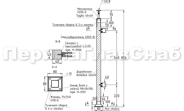 Готовая стойка 40х40х950 мм, деревянная, со вставками из нержавеющей стали 2х100 мм с 2 зажимными стеклодержателями, под золото k740-4-R-G 2